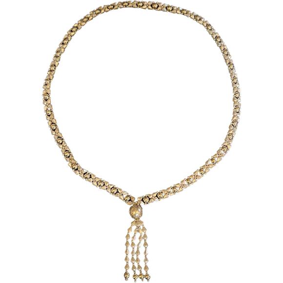 Vintage 80s Silver Beaded Tassel Necklace - White Crystal Drop Statement Piece - Picture 11 of 13